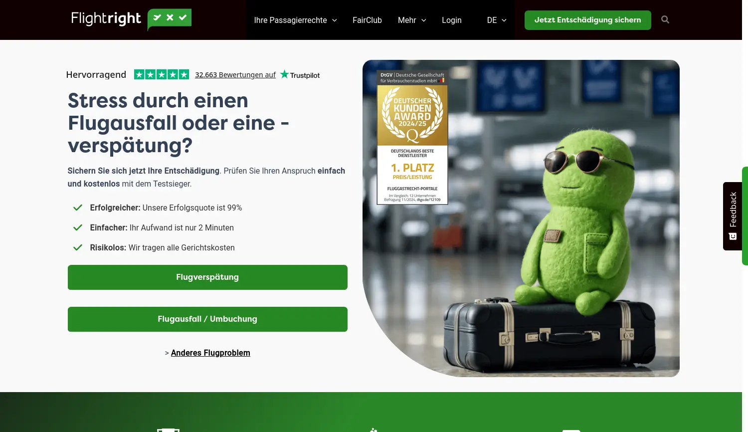 Website-Screenshot von Flightright