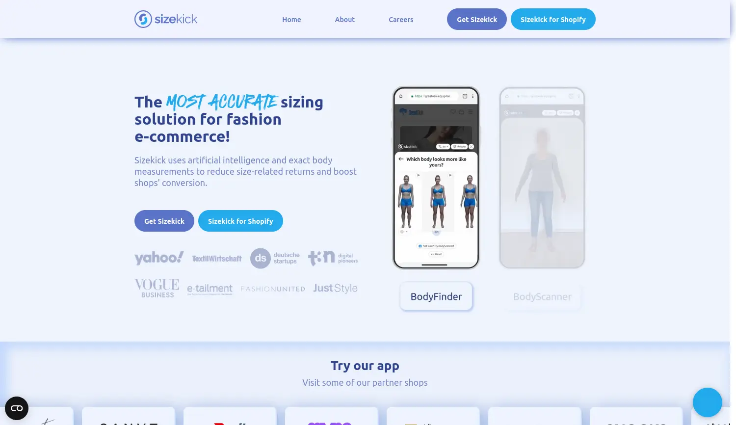 Website-Screenshot von Sizekick