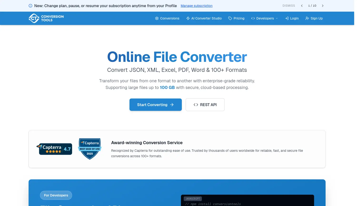 Website-Screenshot von Conversion Tools