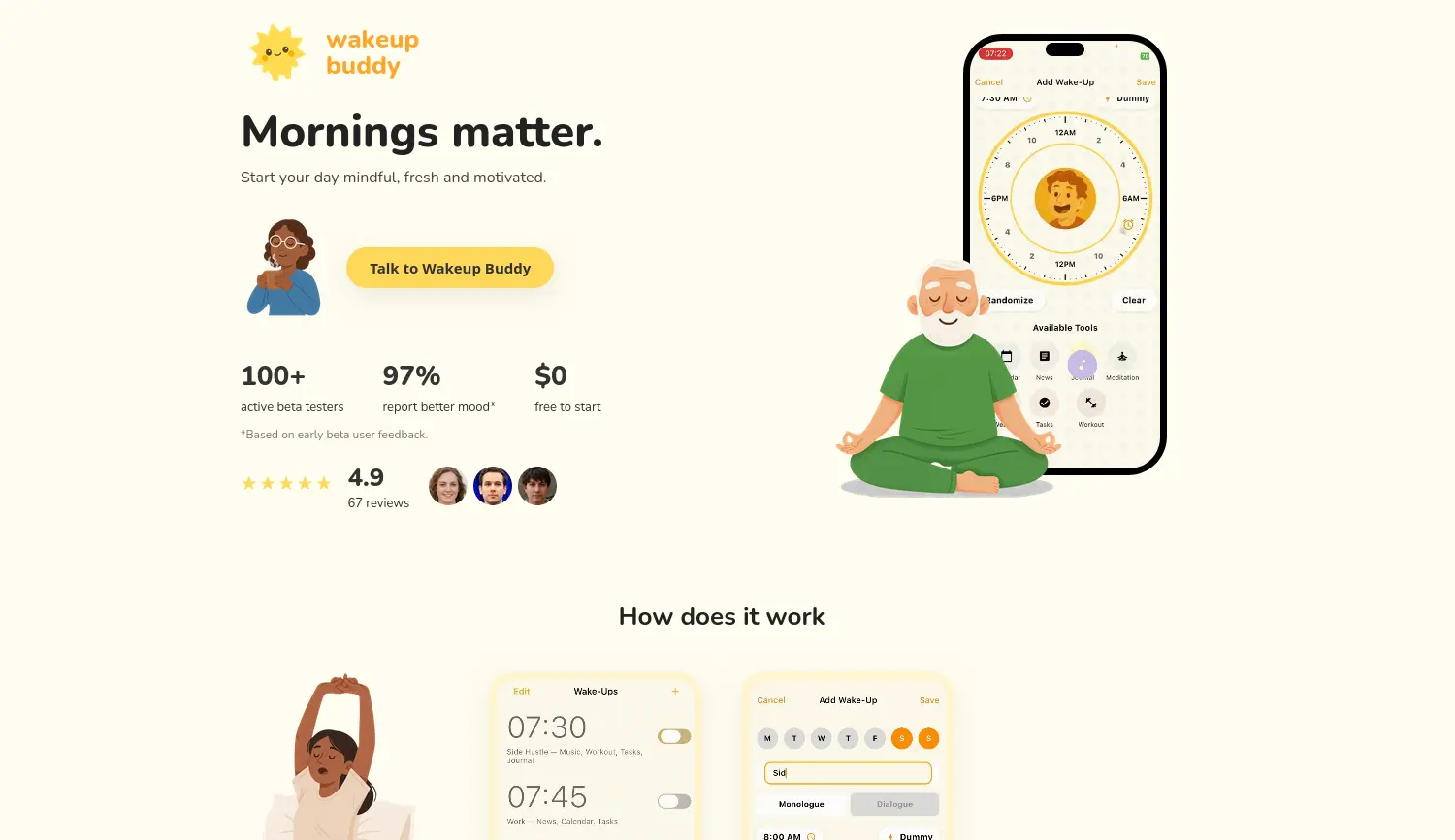 Website-Screenshot von Wakeup Buddy