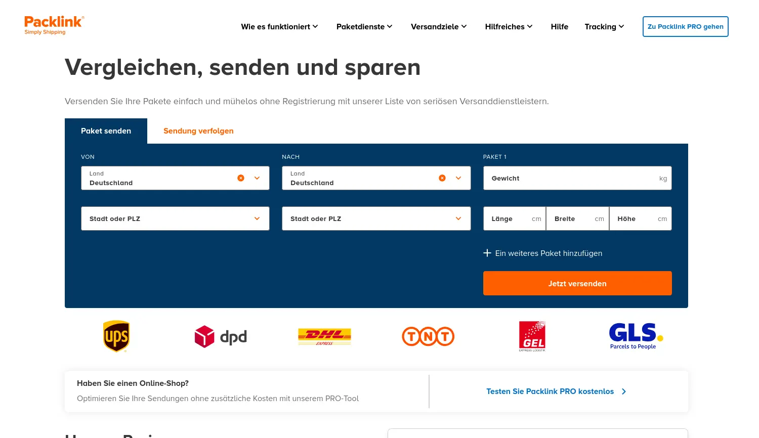 Website-Screenshot von Packlink