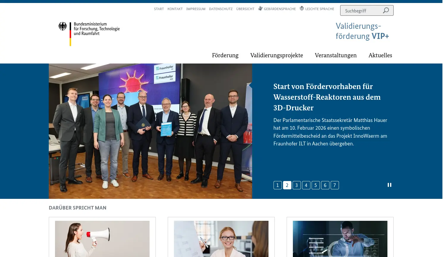 Website-Screenshot von Validierungsförderung VIP+