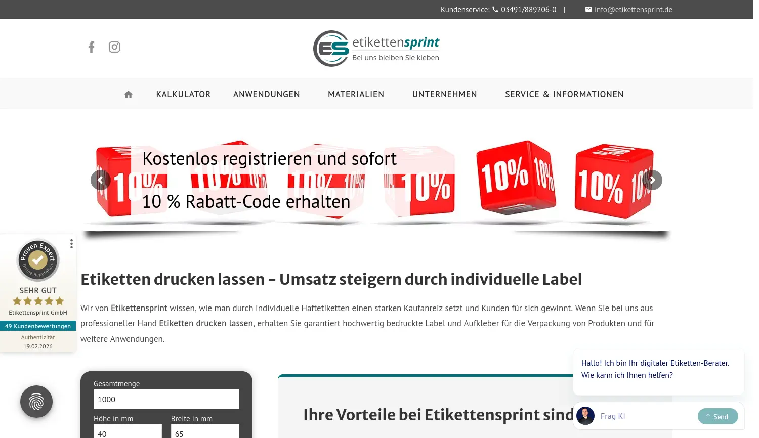 Website-Screenshot von Etikettensprint