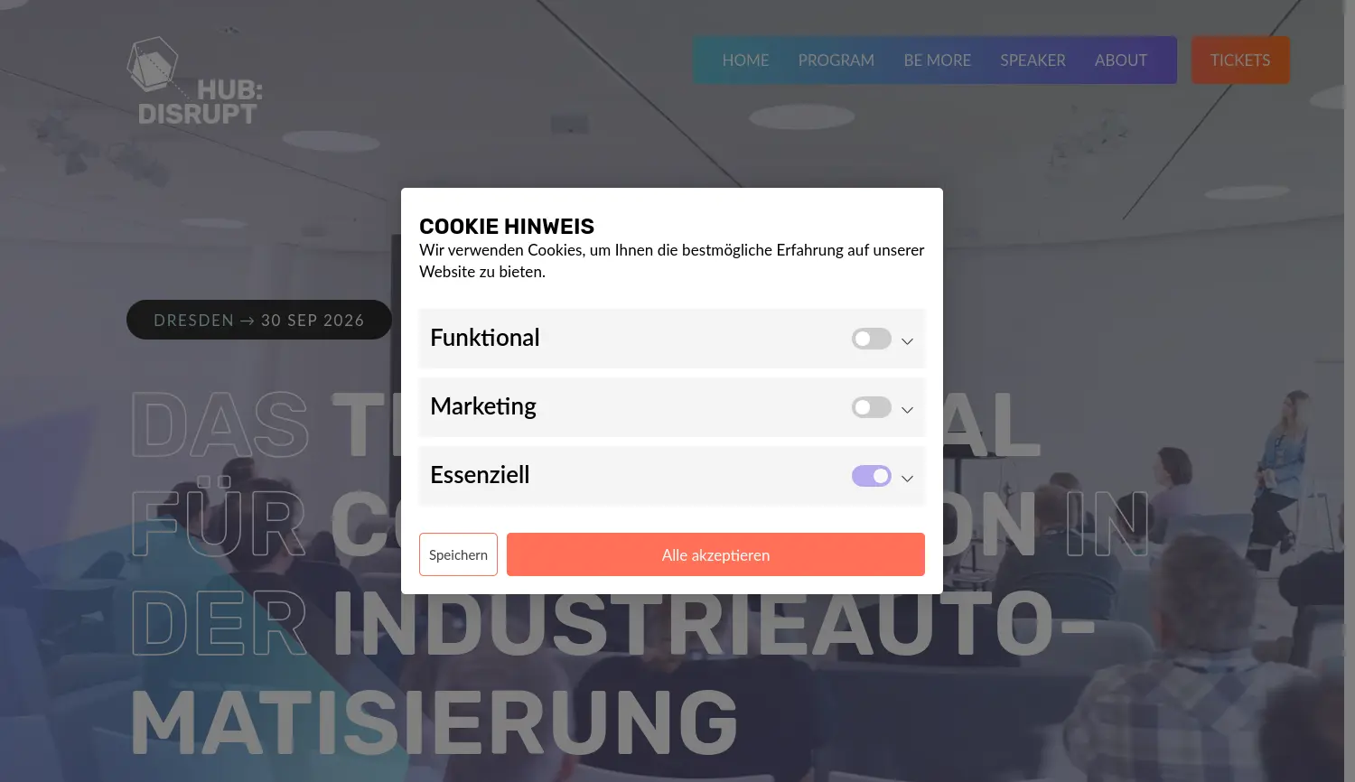 Website-Screenshot von hub:disrupt