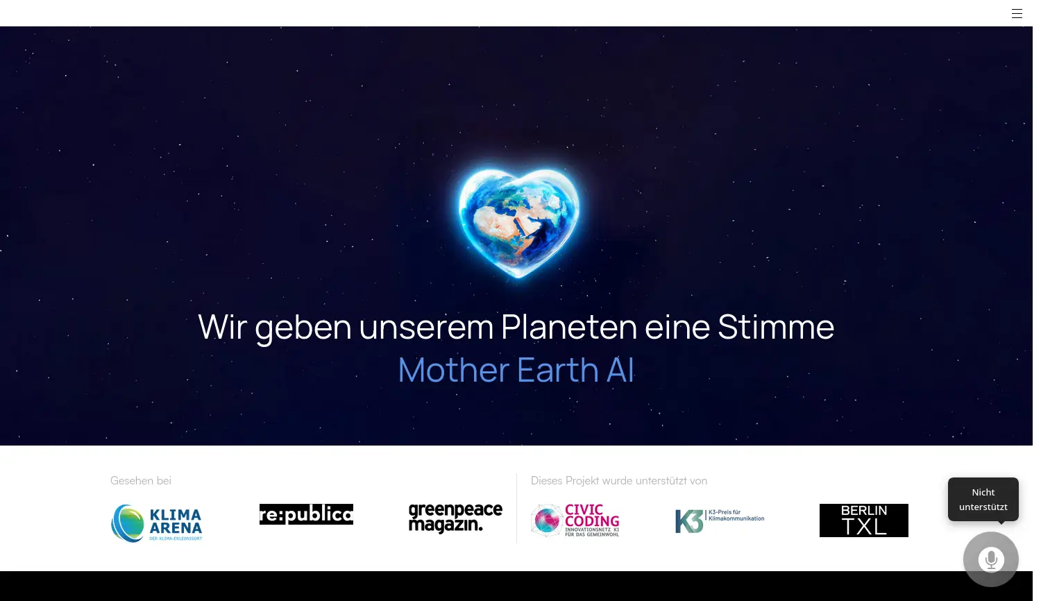 Website-Screenshot von Mother Earth AI