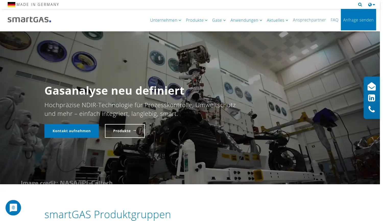 Website-Screenshot von smartGAS Mikrosensorik