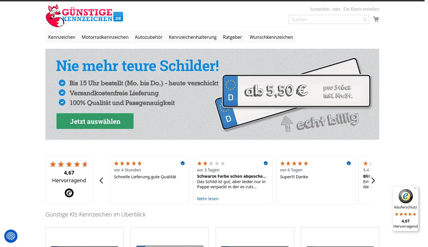 Website-Screenshot von Günstige Kennzeichen.de
