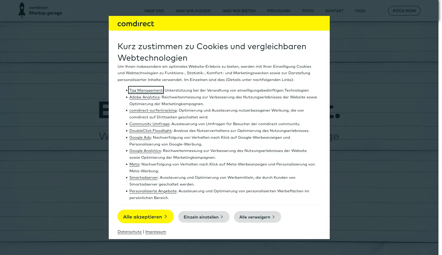 Website-Screenshot von comdirect Startup Garage