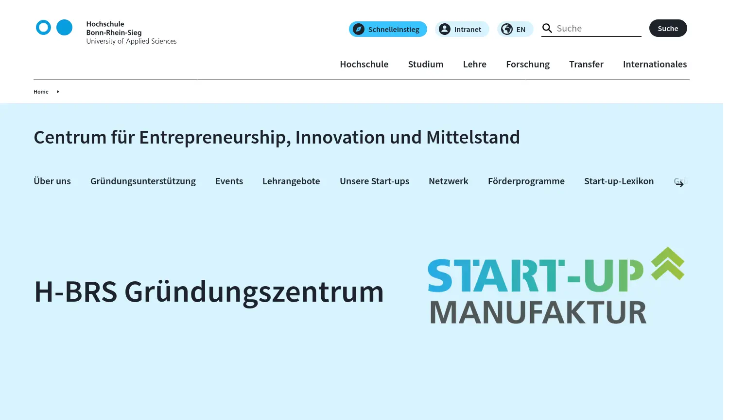 Website-Screenshot von Start-up-Manufaktur – das Gründungszentrum der Hochschule Bonn-Rhein-Sieg